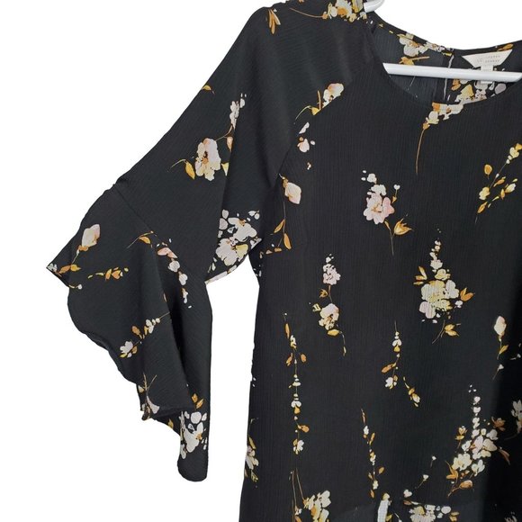 Lauren Conrad Sz 1X Blouse Floral Crinkle Flared Tulip Sleeves Back Slit Black - Picture 6 of 10